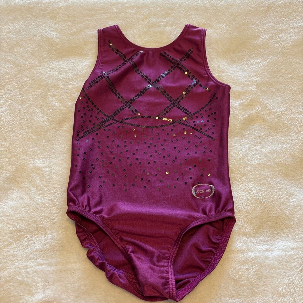 NWOT ZONE Leotard Magenta Black Sequins Stunning Style Gymnastics YL
